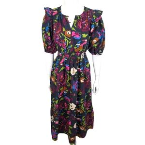 Cleobella Brianna Midi Dress Garden Floral Organic Cotton Womens Small Ruffle